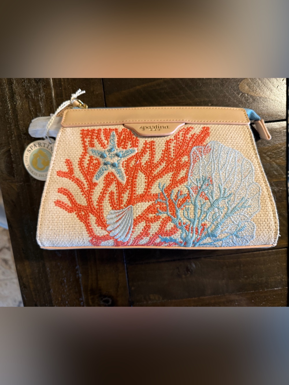Spartina 449 Embroidered Coral & Light Blue Cosmetic Wristlet